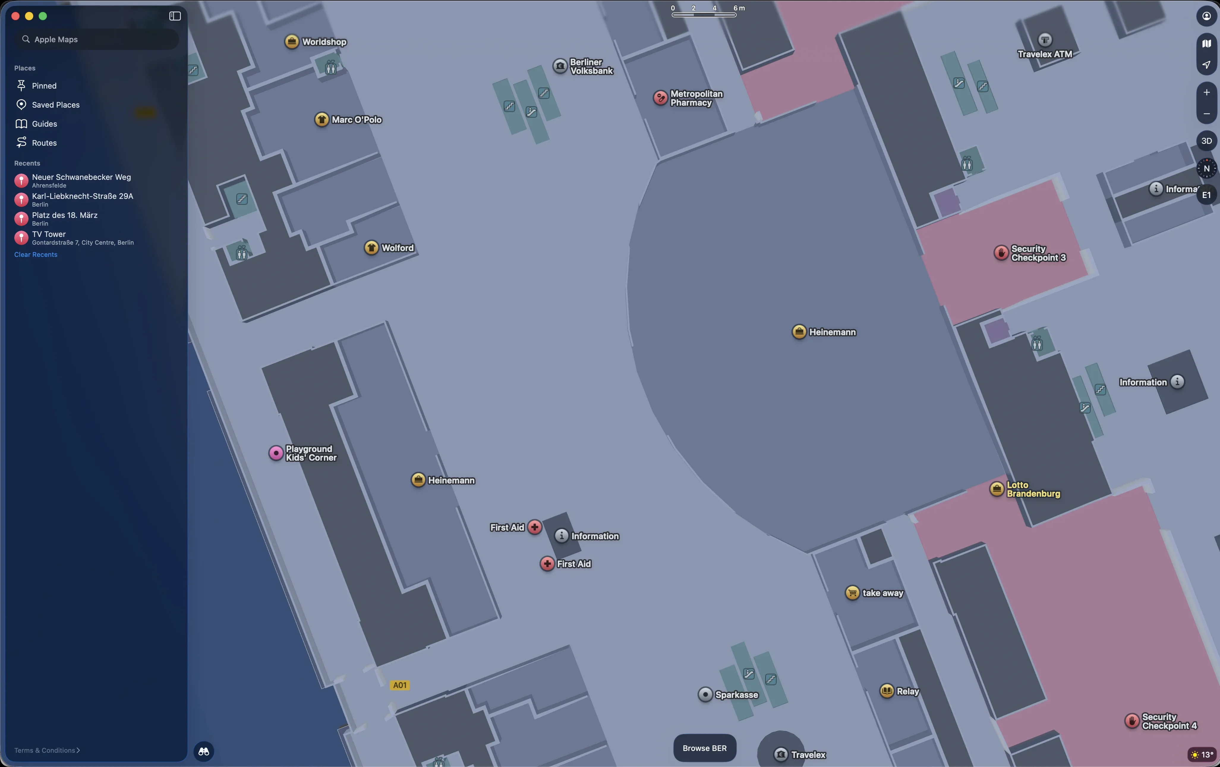 Berlin Brandenburg Airport terminal detail in Apple Maps