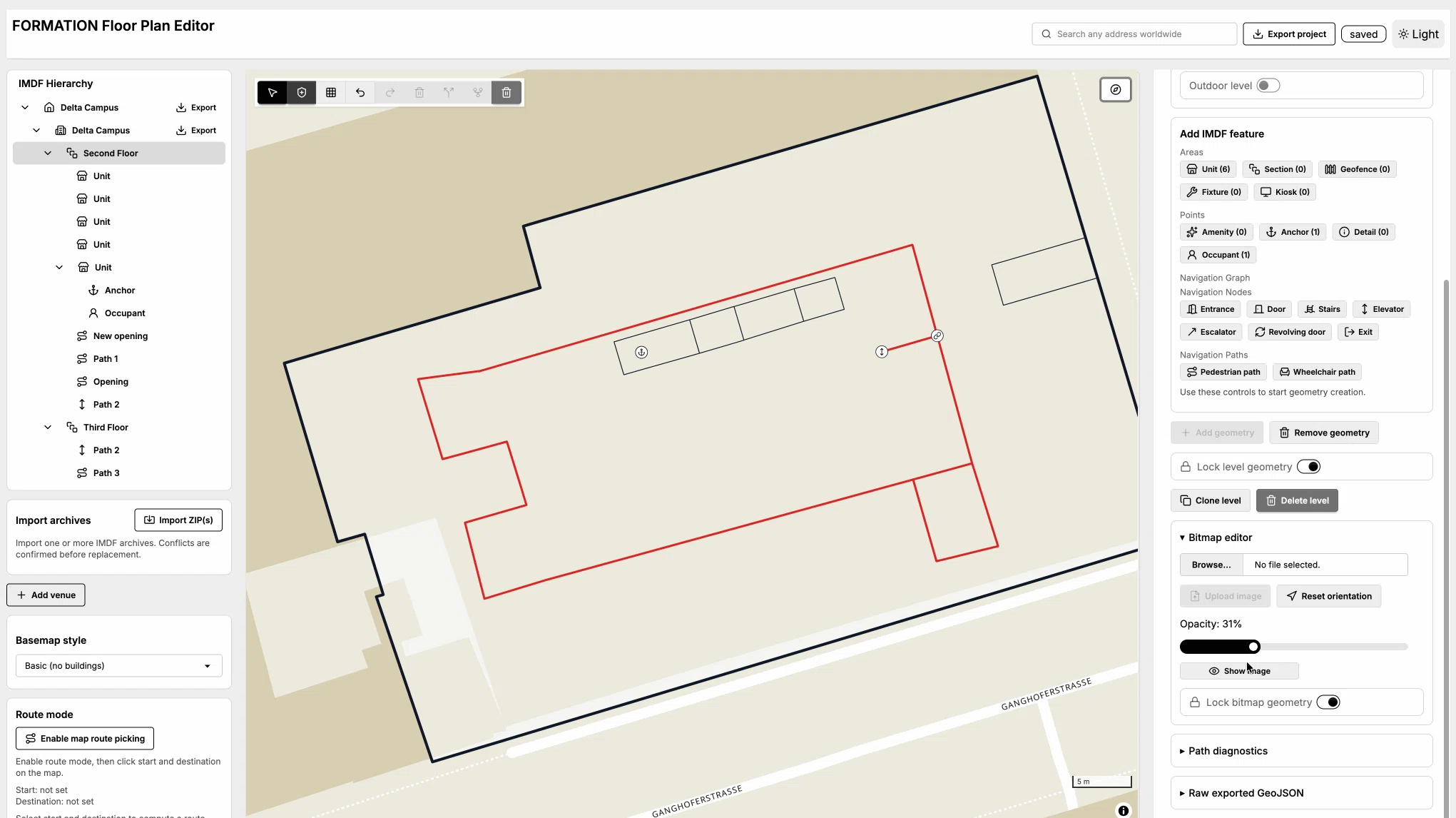 Animated demo of hiding a bitmap floor plan overlay while keeping vector geometry editable